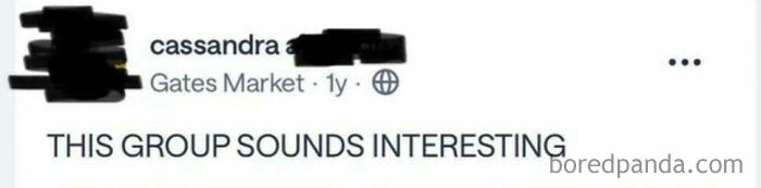 A social media screenshot from Gates Market where a user comments THIS GROUP SOUNDS INTERESTING, highlighting old people being clueless online.