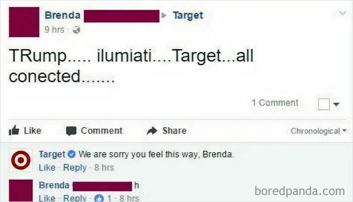 A Facebook post by Brenda linking Trump, Illuminati, and Target, with Target's polite response, illustrating an old person's clueless online conspiracy.