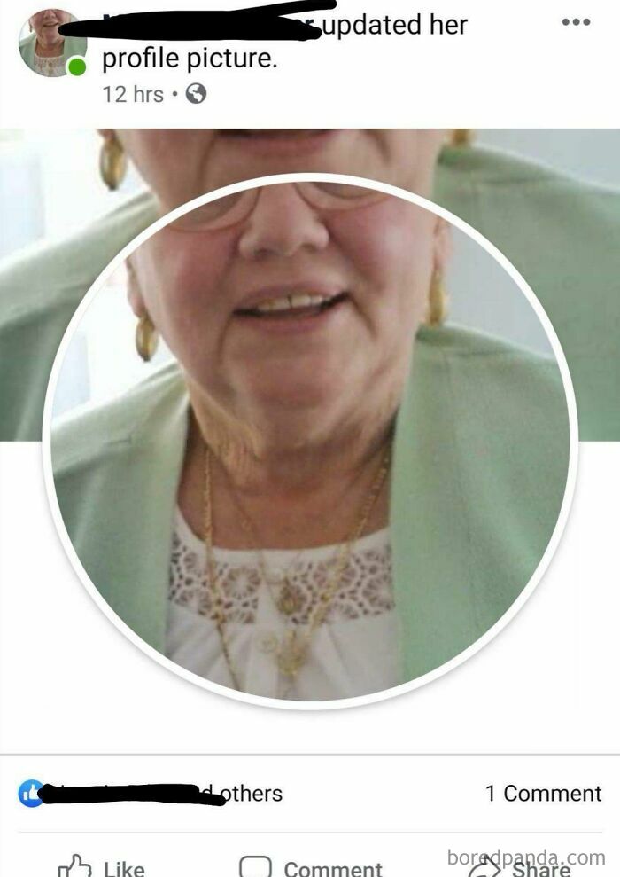 A screenshot of old people being their clueless selves online, showing a profile picture that is a zoomed-in photo of an older woman's neck and chest.
