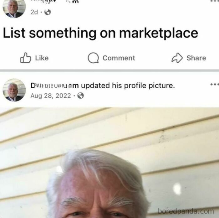 A screenshot of a Facebook post encouraging listing on marketplace, featuring a profile picture of an old man, showcasing clueless old people.