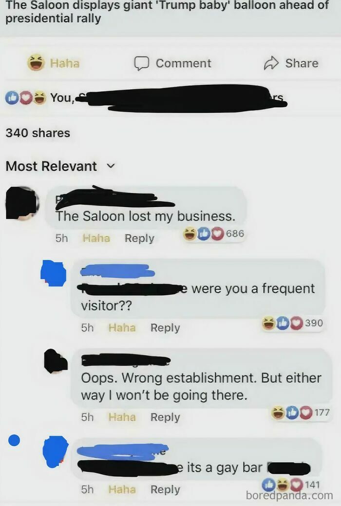 Screenshot of clueless old people online, a person mistakenly boycotting the wrong saloon over a Trump baby balloon.