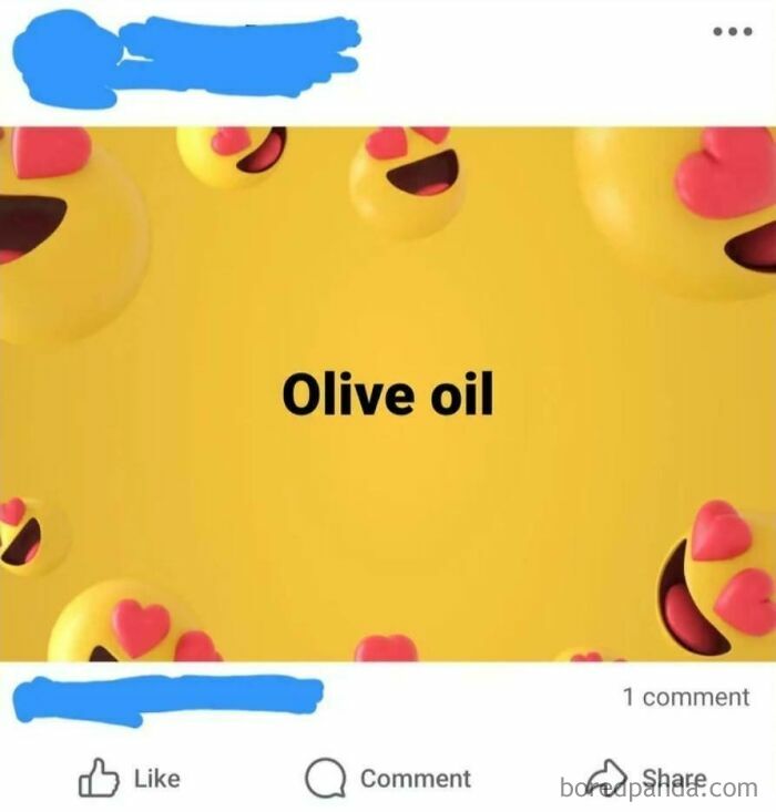 A screenshot of a Facebook post with the words 'Olive oil' on a yellow background with heart emojis, showing clueless old people.