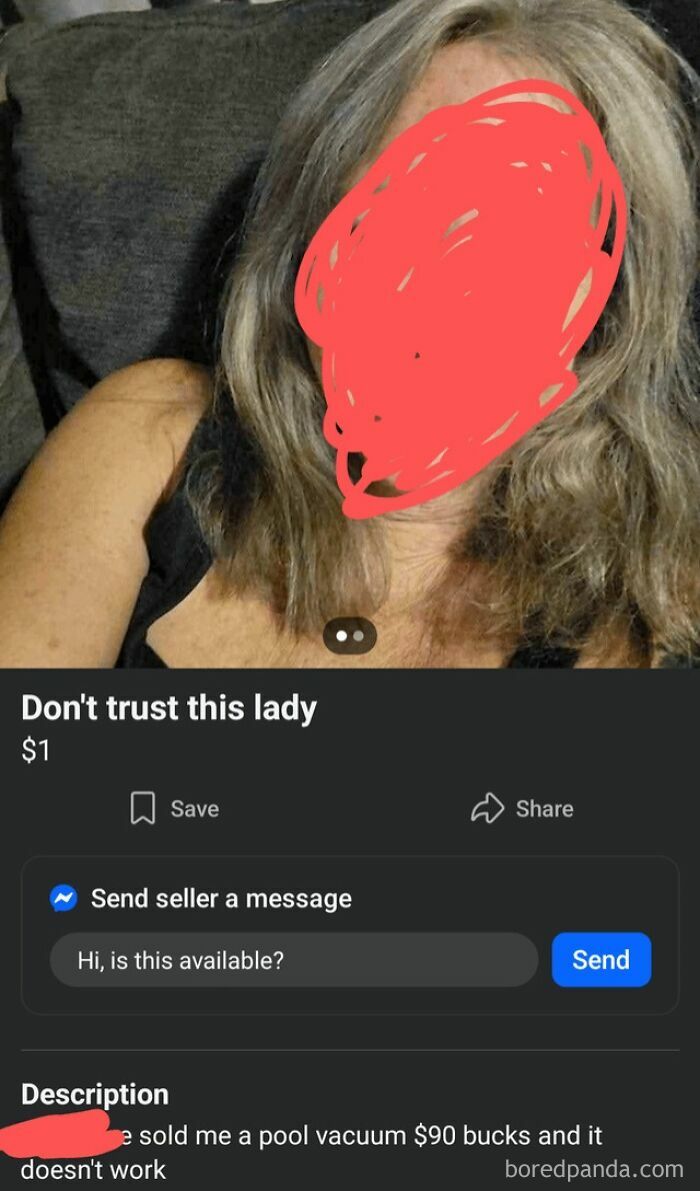 A Facebook Marketplace listing with a blurred face, labeled Don't trust this lady, exemplifying old people being clueless online.