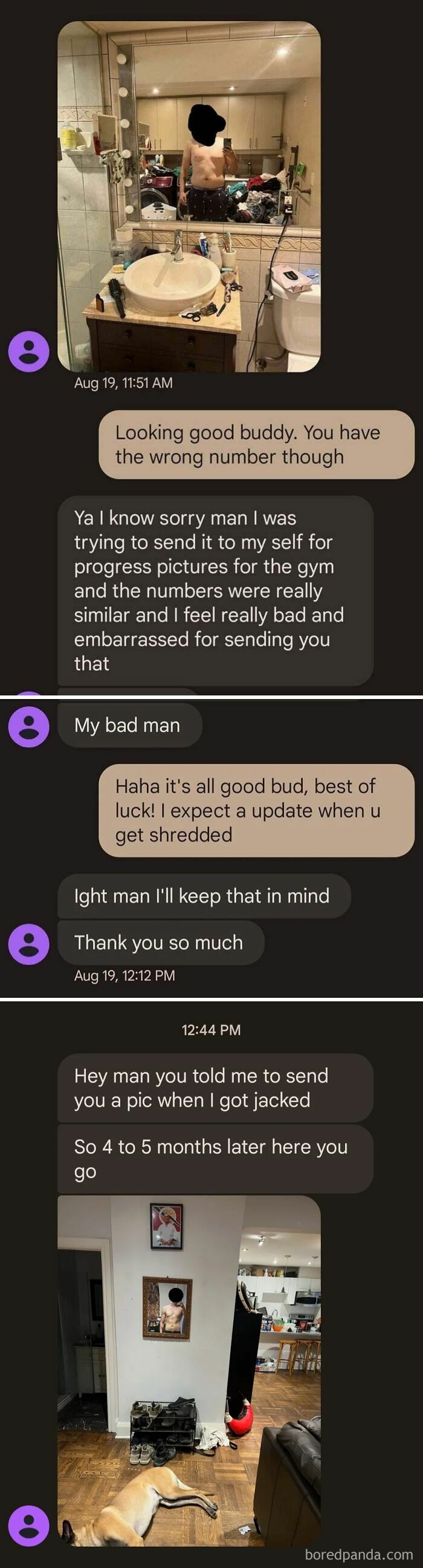 A series of text messages, showing a wrong number text evolving into a funny, supportive exchange about gym progress.