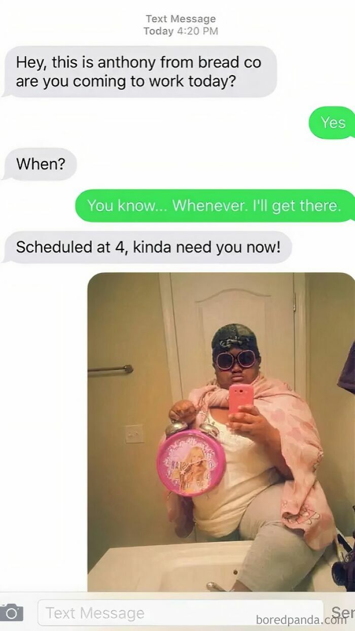 A wrong number text exchange about work, with a person sending a selfie with an alarm clock, creating hilarious chaos.