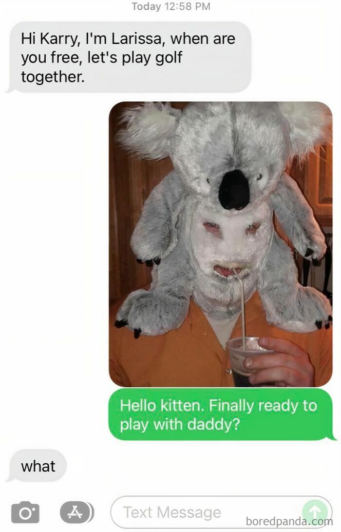 A wrong number text asking to play golf gets a bizarre response with a person in a koala costume.