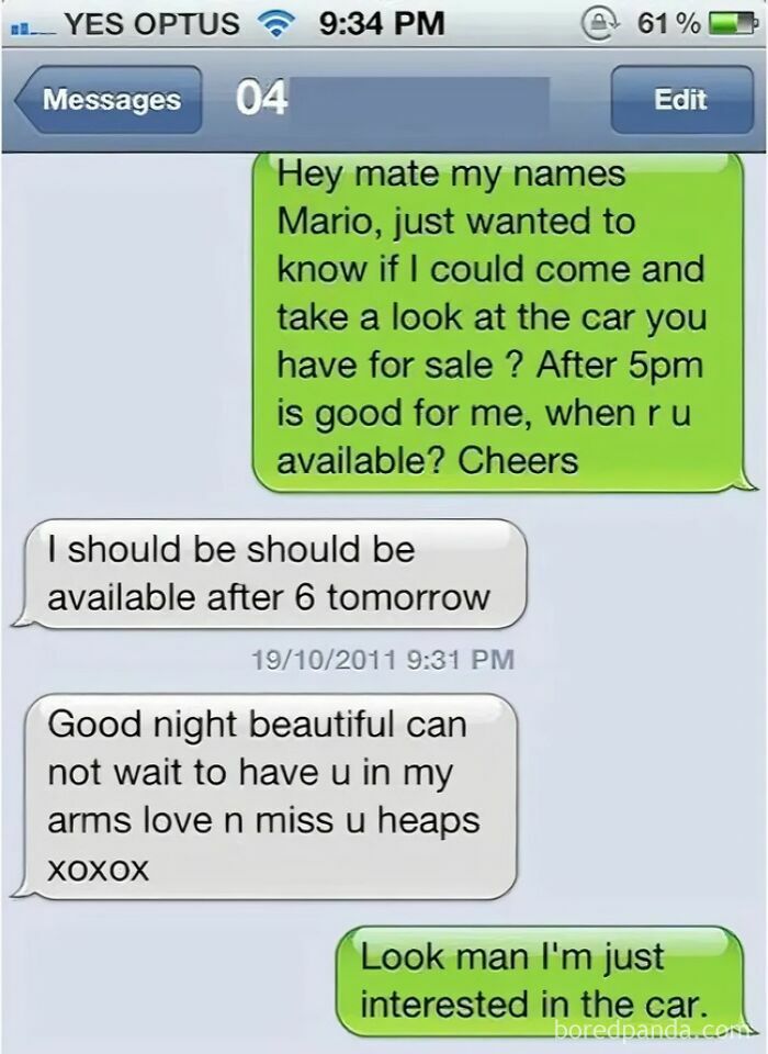 A screenshot of hilarious wrong number texts, showing a car sale inquiry followed by an unexpected romantic message.