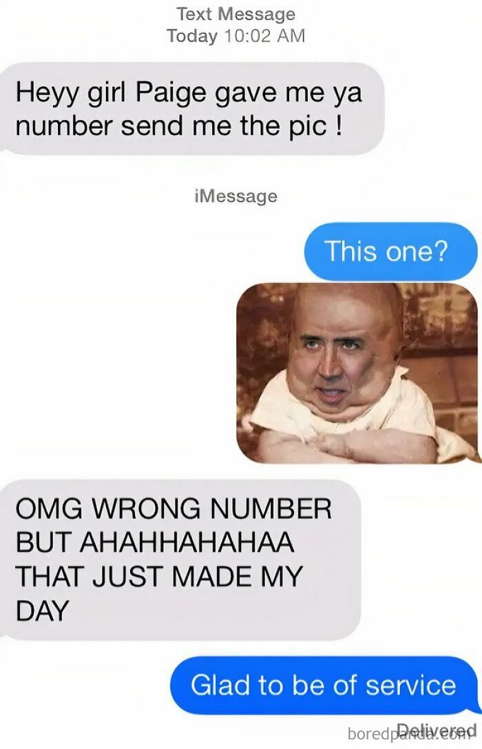 Hilarious wrong number texts: a person sends a funny Nicolas Cage baby meme after receiving a mistaken text.