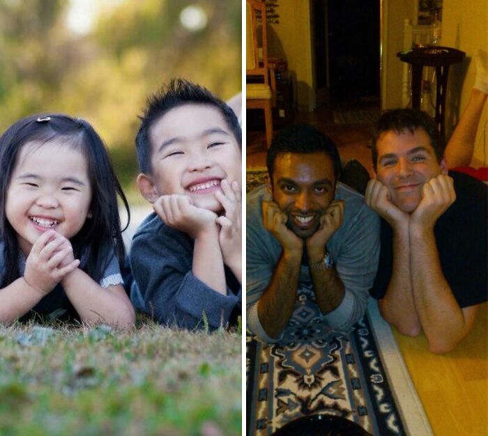A split image of two pairs of smiling people, one with two children and the other with two men, illustrating wrong number texts.