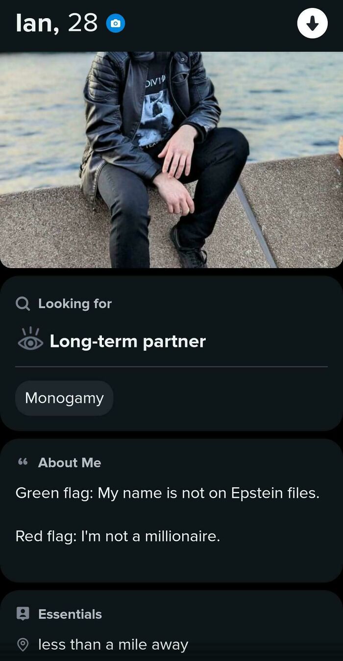 A cringe Tinder profile of Ian, 28, who is looking for a long-term partner and lists red and green flags.