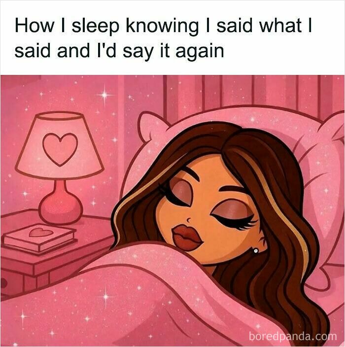 Funny posts about what being a woman is like, featuring a cartoon woman sleeping peacefully in a pink bed.