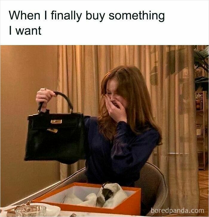 Funny post about a woman crying tears of joy as she unboxes a new handbag.