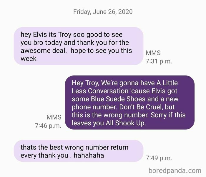 A screenshot of a text message conversation, showcasing a humorous Elvis-themed wrong number text exchange.