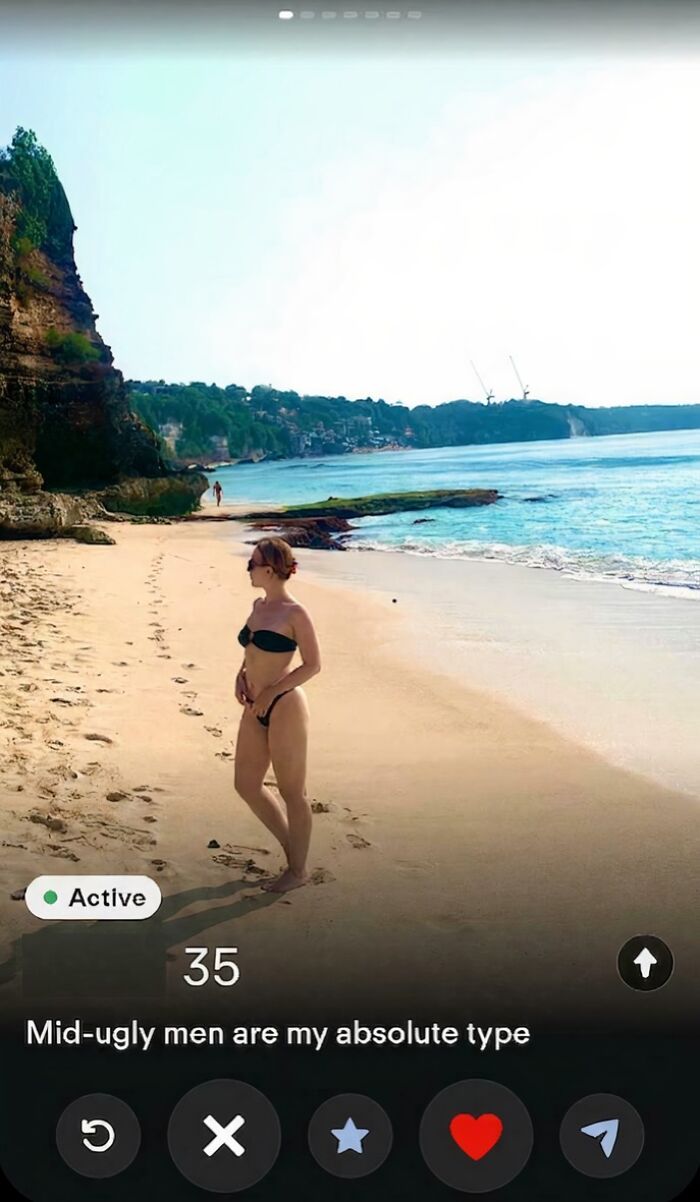 A cringe Tinder profile of a woman on a beach stating 'Mid-ugly men are my absolute type.'
