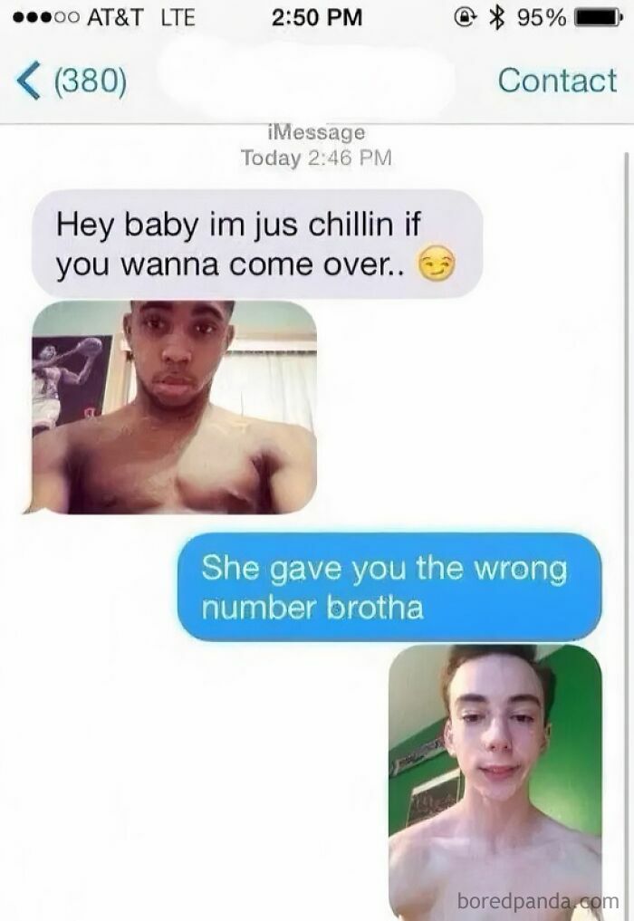 A wrong number text exchange where a man sends a shirtless photo saying Hey baby, and the recipient replies, She gave you the wrong number brotha, with a photo of a different man.