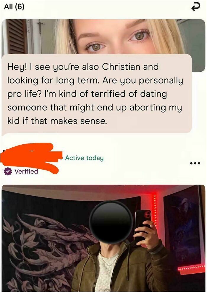 A cringe Tinder profile with a message about being Christian and pro-life.