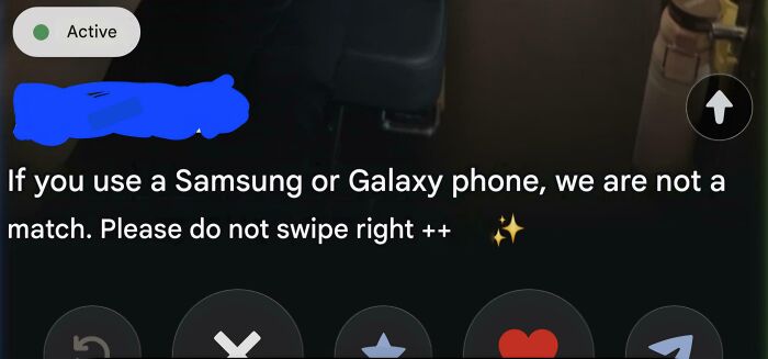 A cringe Tinder profile with a bio that says if you use a Samsung or Galaxy phone, we are not a match. Please do not swipe right. It's one of the cringe Tinder profiles.