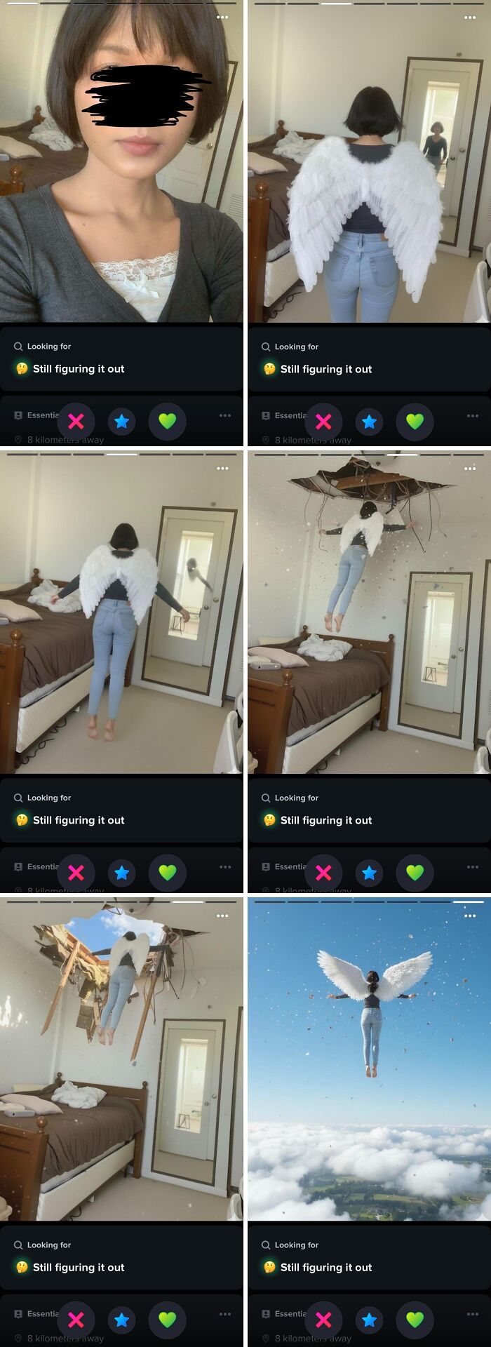 A sequence of six images depicting a woman with angel wings, starting in a room and ascending through the ceiling, a cringe Tinder profile.