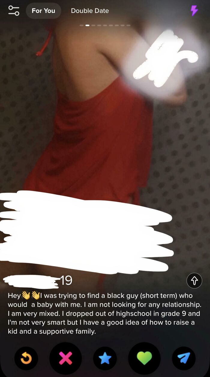A partially obscured image of a woman in red, with a lengthy and cringe Tinder profile bio seeking a partner for a baby.