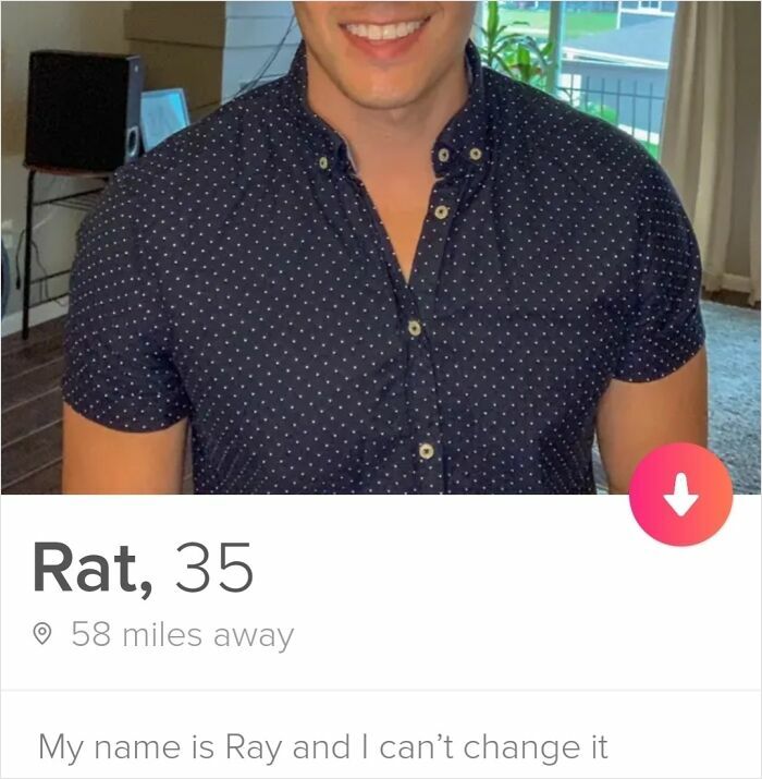 A cropped image of a man named Rat, 35, with a caption explaining his name, a cringe Tinder profile.