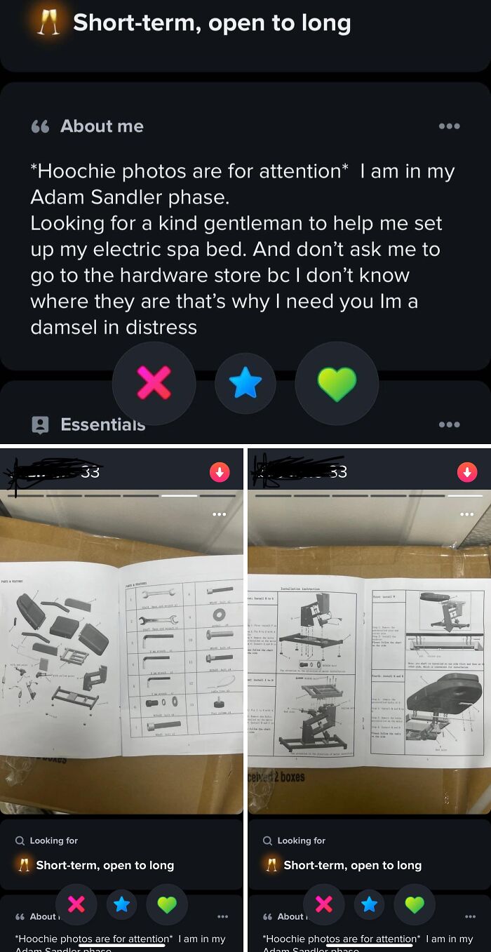 A Tinder profile showing a long bio asking for help with an electric spa bed, a cringe Tinder profile.