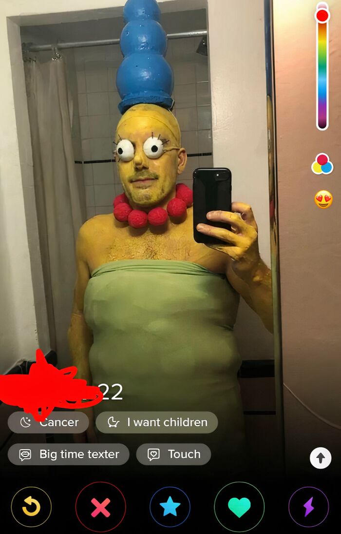 A cringe Tinder profile with a person dressed up as Marge Simpson from The Simpsons.