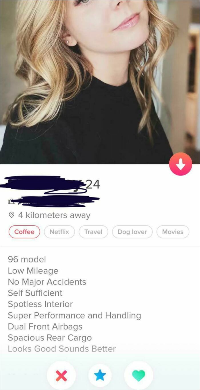 A cringe Tinder profile showing a woman and her profile with text that resembles a car description.
