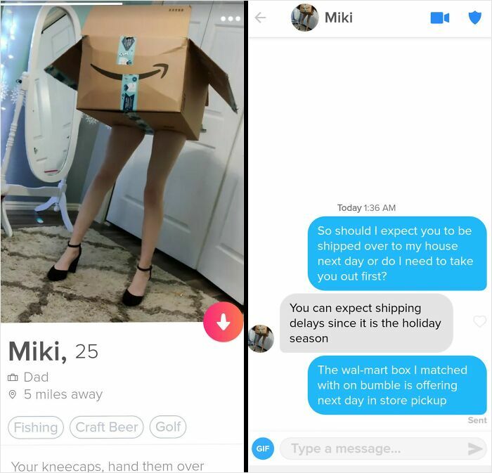 A cringe Tinder profile showing a person wearing a box with Amazon logo on their body.