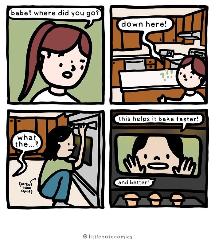 Relationship comics featuring a person inside an oven for faster baking, highlighting cute relationship quirks.