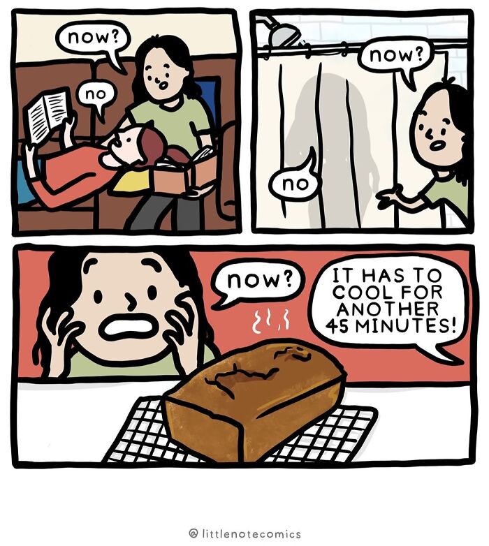 Funny relationship comics about impatience while waiting for food to cool, illustrating relationship quirks.