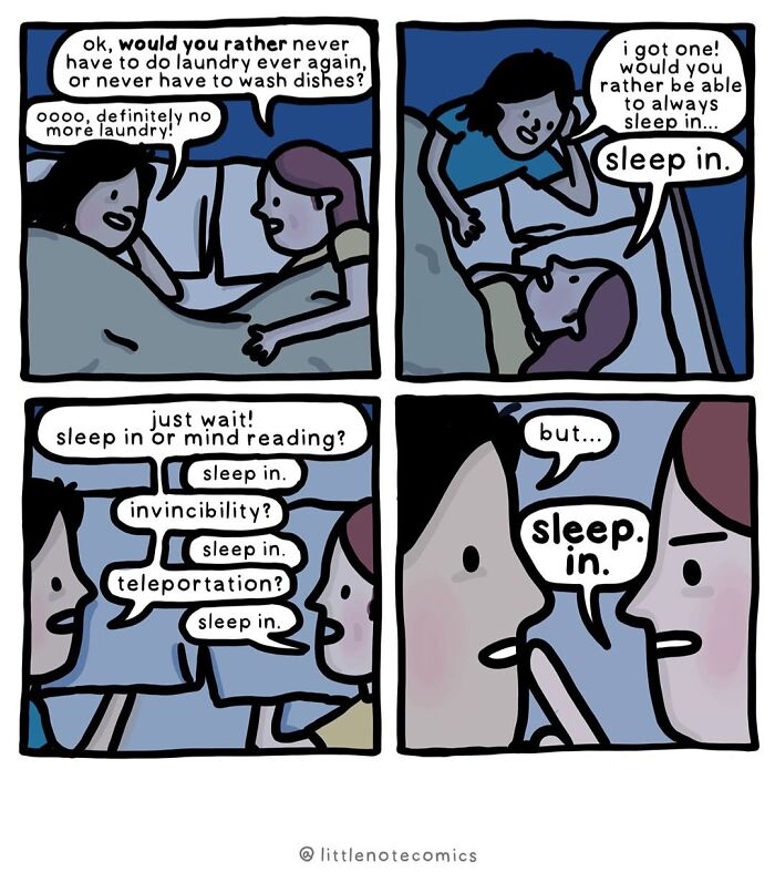 Relatable relationship comics depicting a couple discussing 'would you rather' scenarios, prioritizing sleep in.