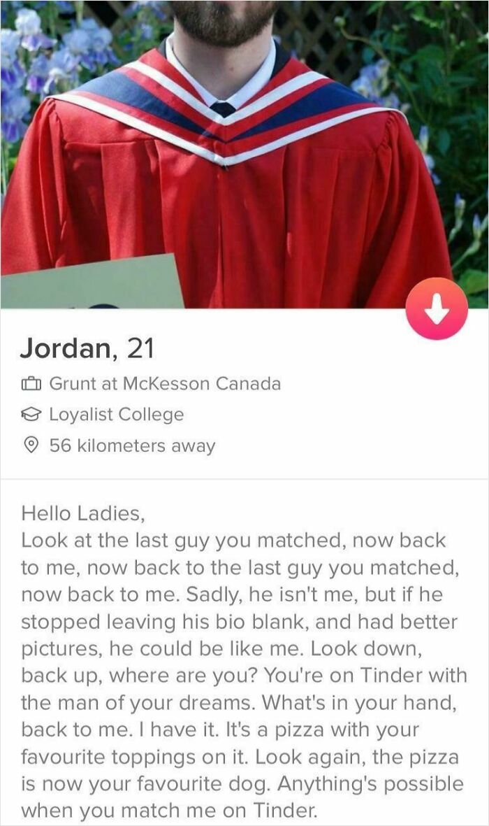 A cringe Tinder profile with a man's bio making a pizza and dog analogy, proving writing about yourself is hard.