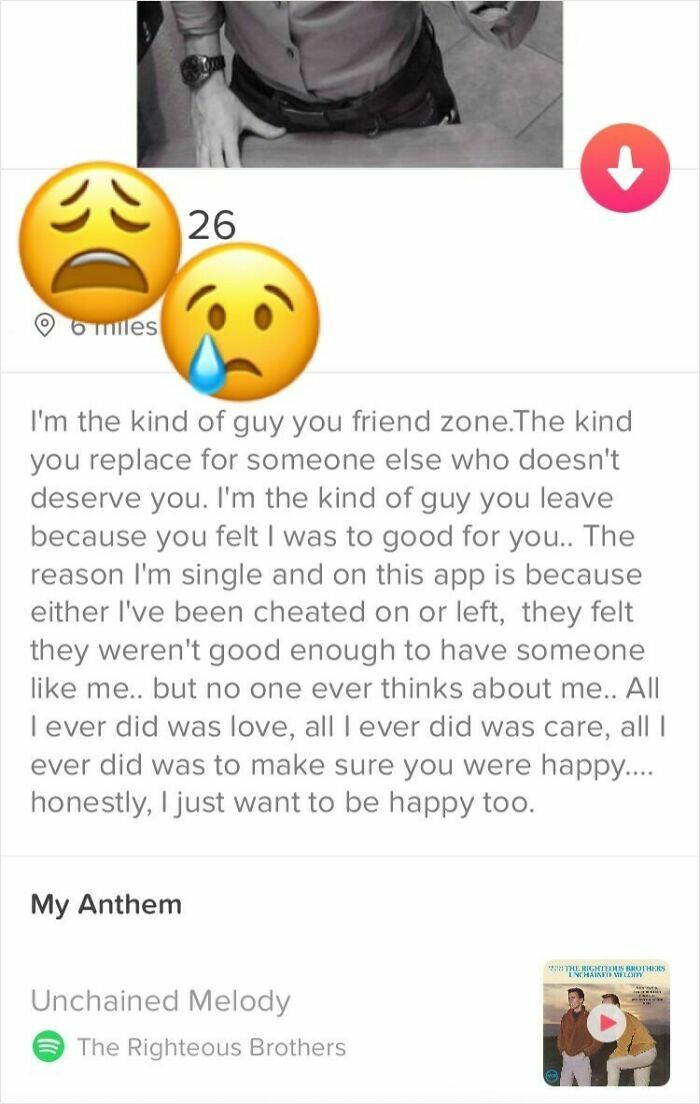A cringe Tinder profile with a man's bio expressing being friend-zoned and cheated on, proving writing about yourself is hard.