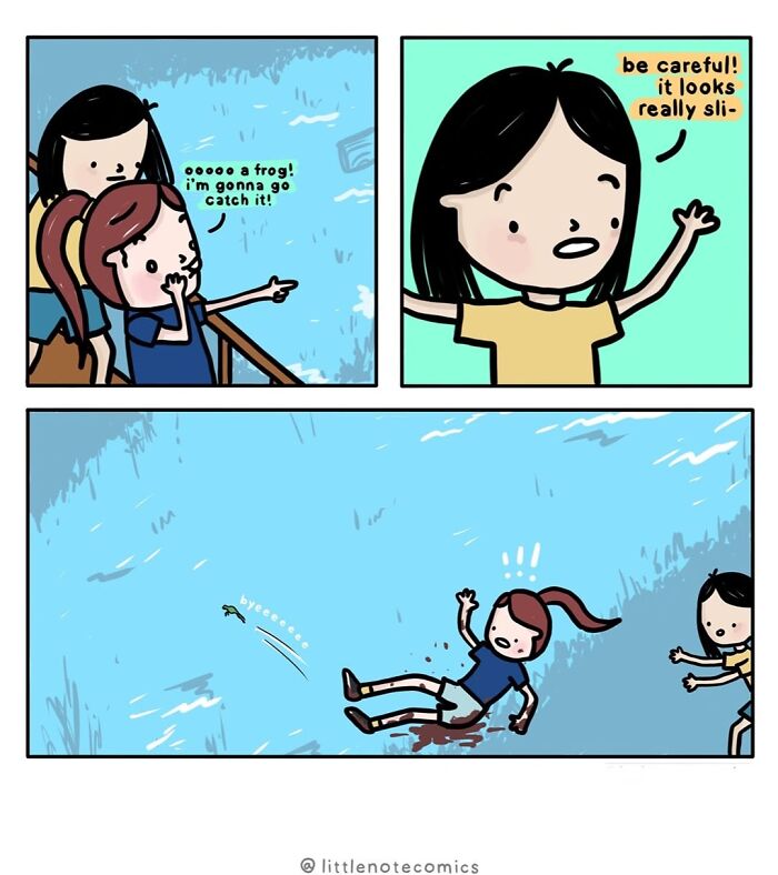A comic illustrating relatable relationship quirks, showing one person falling after enthusiastically trying to catch a frog.