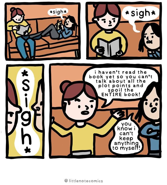 A comic illustrating relatable relationship quirks, featuring a person asking their partner not to spoil a book they are both reading.