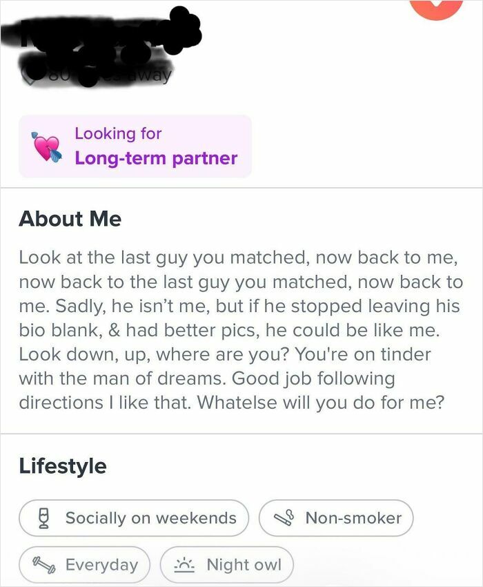 A cringe Tinder profile with a man's bio comparing himself to a matched user, proving writing about yourself is hard.