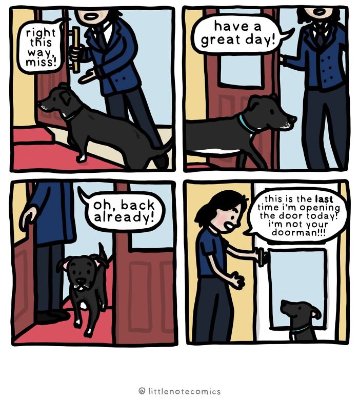 A comic illustrating relationship quirks where a dog continuously wants to go outside, frustrating its owner.