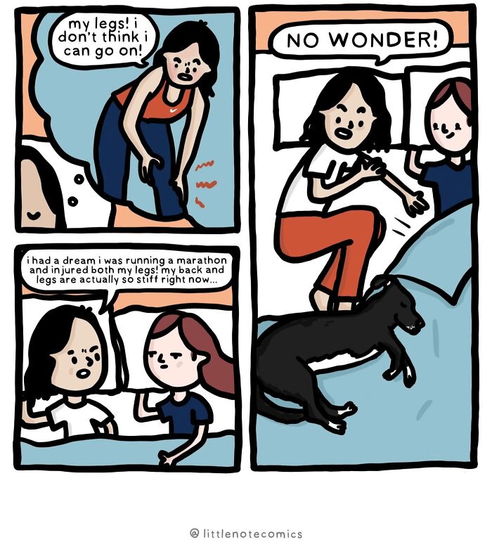 A woman attributes her leg pain to a dream, only to find a dog sleeping on her, illustrating relationship quirks.