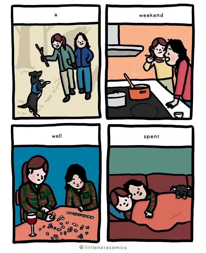 Two women and a dog enjoying a well-spent weekend, depicting cute comics about relationship quirks.