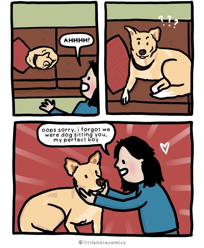 A woman is surprised by a dog, then pets him, illustrating relatable relationship quirks with a pet.