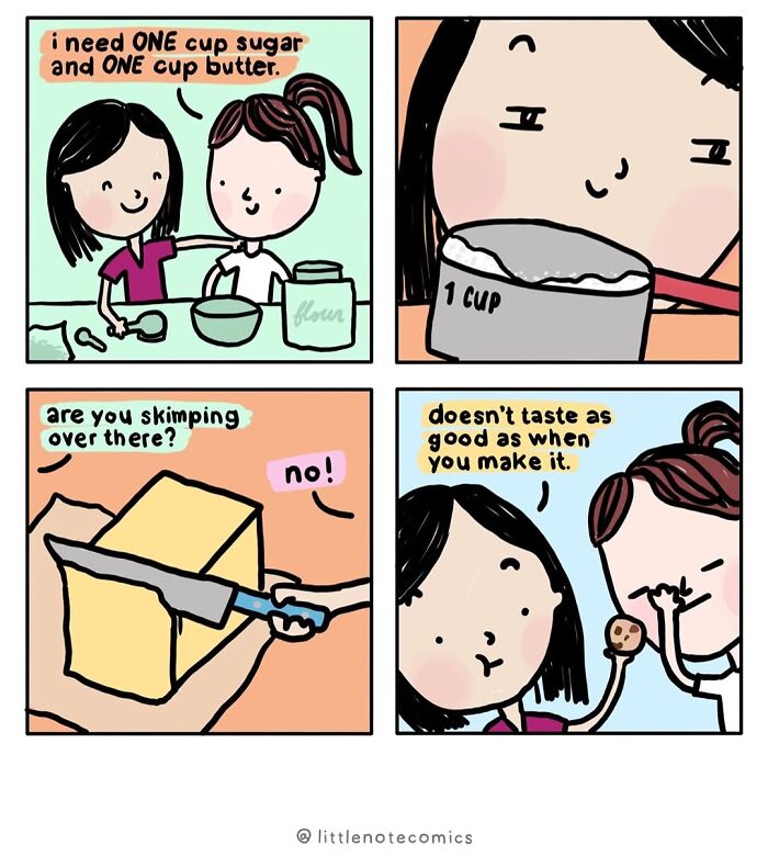 Cute relationship comics featuring two people baking, showing an artist's take on relationship quirks.