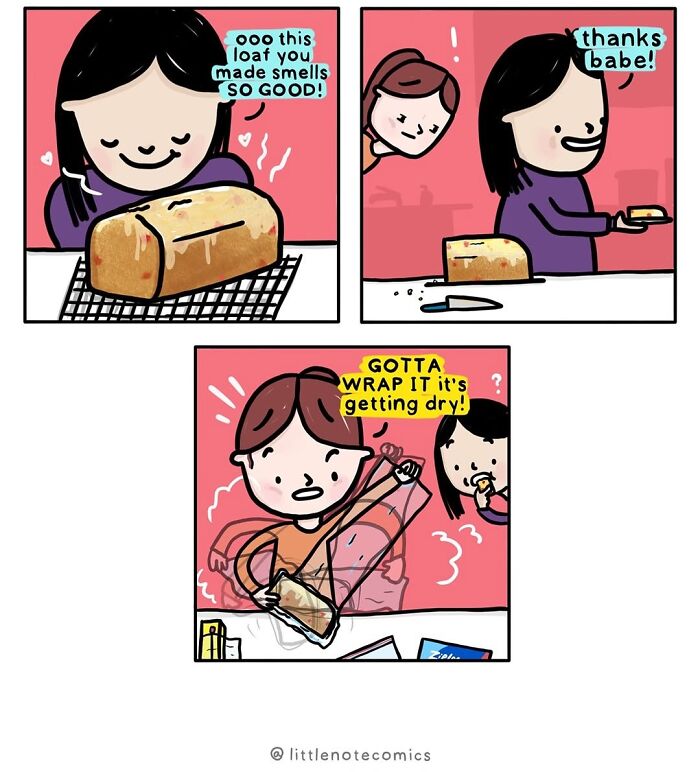 A comic illustrating relatable relationship quirks, with one partner enjoying a fresh loaf and the other quickly wrapping it.