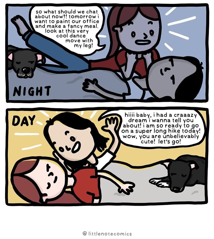 Relationship comics about a partner's morning and night energy levels, showing cute relationship quirks.