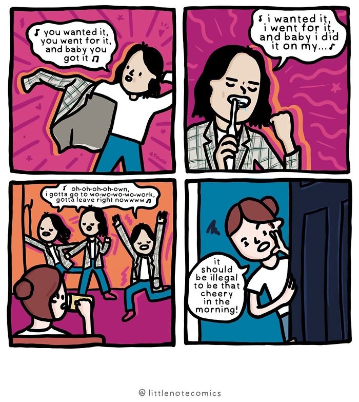 A comic illustrating relationship quirks, depicting someone singing loudly in the morning, annoying another.