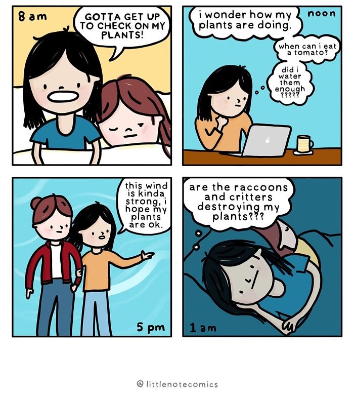 A comic illustrating relatable relationship quirks, showing a person obsessed with checking on their plants throughout the day and night.