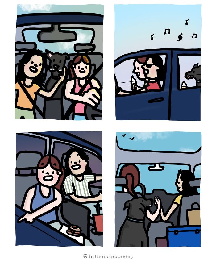 Artist illustrates cute comics featuring relationship quirks, depicting two characters on a road trip with a dog.