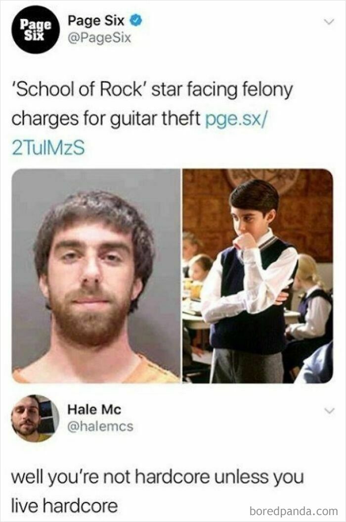A mugshot of a man next to a still from School of Rock, a funny pop culture post.