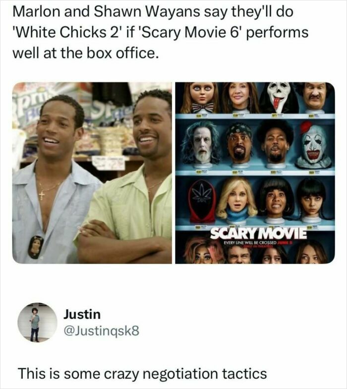 A meme about Marlon and Shawn Wayans negotiating movie sequels, one of the funniest pop culture posts for good vibes.
