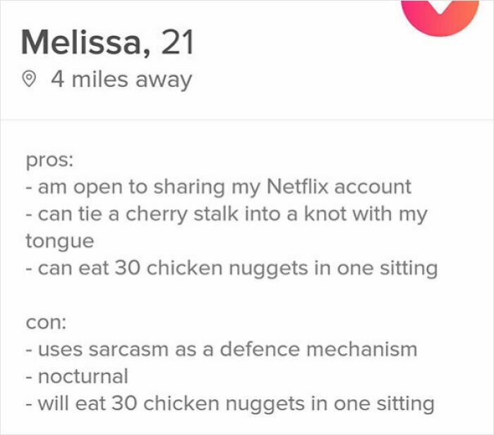 Cringe Tinder profile with Melissa's pros and cons list, including sharing Netflix and eating 30 chicken nuggets.