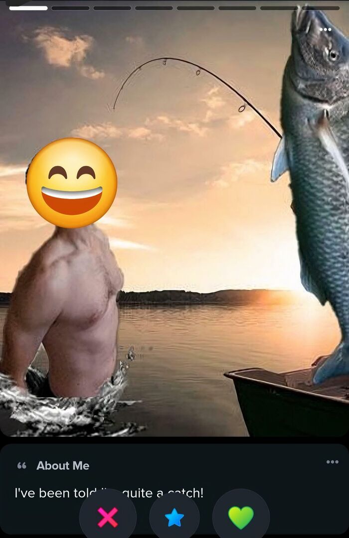 A cringe Tinder profile featuring a man with an emoji face catching a fish on a lake.